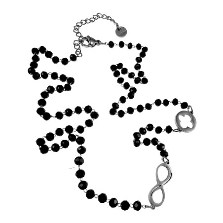 RVS - Zwarte Kristallen Ketting met Oneindigheid en Klavertje Vier