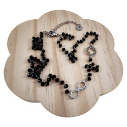 RVS - Zwarte Kristallen Ketting met Oneindigheid en Klavertje Vier