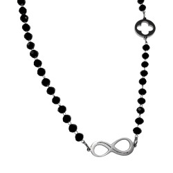 RVS - Zwarte Kristallen Ketting met Oneindigheid en Klavertje Vier