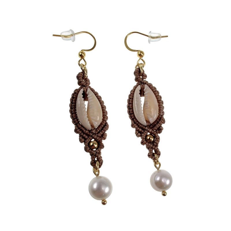 Macramé Haakoorbellen met Zoetwaterparel, Schelp en Goudkleurig Staal