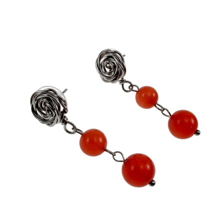 Dames - RVS Roos Oorbellen met Rode Kattenoogopaal - Lengte 42mm