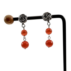 Dames - RVS Roos Oorbellen met Rode Kattenoogopaal - Lengte 42mm