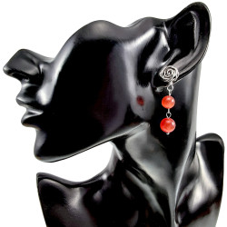 Dames - RVS Roos Oorbellen met Rode Kattenoogopaal - Lengte 42mm