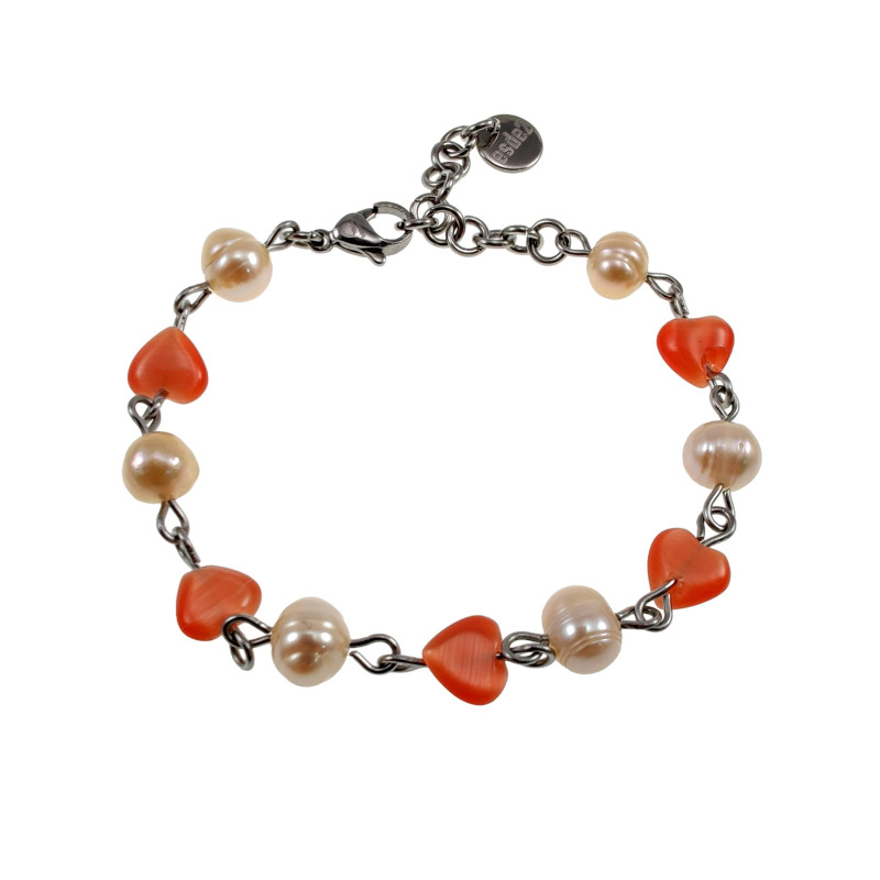 RVS Armband met Zoetwaterparels en Opaal Kattenoog Harten 15 tot 18cm