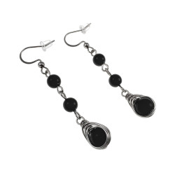 Dames RVS Haakoorbellen met Zwarte Matte Onyx Stenen - Lengte 55 mm