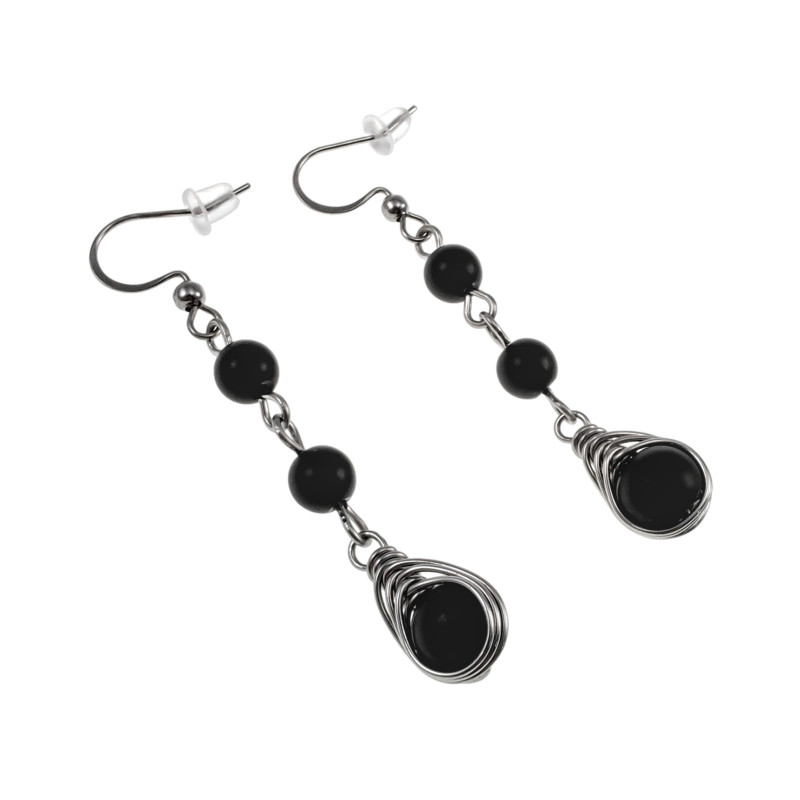 Dames RVS Haakoorbellen met Zwarte Matte Onyx Stenen - Lengte 55 mm
