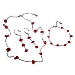 Sieradenset RVS Ketting + armband + oorbellen met Rode Natuursteen