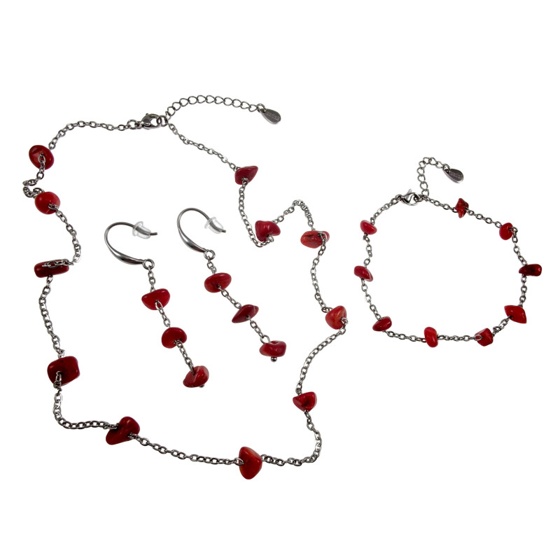 Sieradenset RVS Ketting + armband + oorbellen met Rode Natuursteen