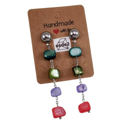 RVS Oorknopjes Bol met Ketting - Kleurrijke Schelpstenen Lengte 74 mm