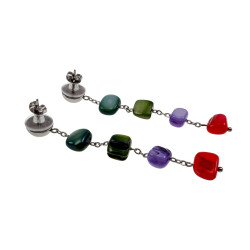 RVS Oorknopjes Bol met Ketting - Kleurrijke Schelpstenen Lengte 74 mm