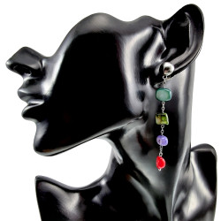 RVS Oorknopjes Bol met Ketting - Kleurrijke Schelpstenen Lengte 74 mm