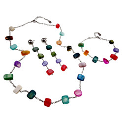 RVS Oorknopjes Bol met Ketting - Kleurrijke Schelpstenen Lengte 74 mm