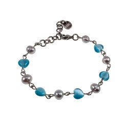 RVS Armband met Zoetwaterparels - Turquoise Opalen Kattenooghartjes