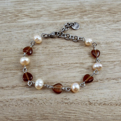 Dames RVS Armband met Zoetwaterparels - Bruine Opalen Kattenooghartjes