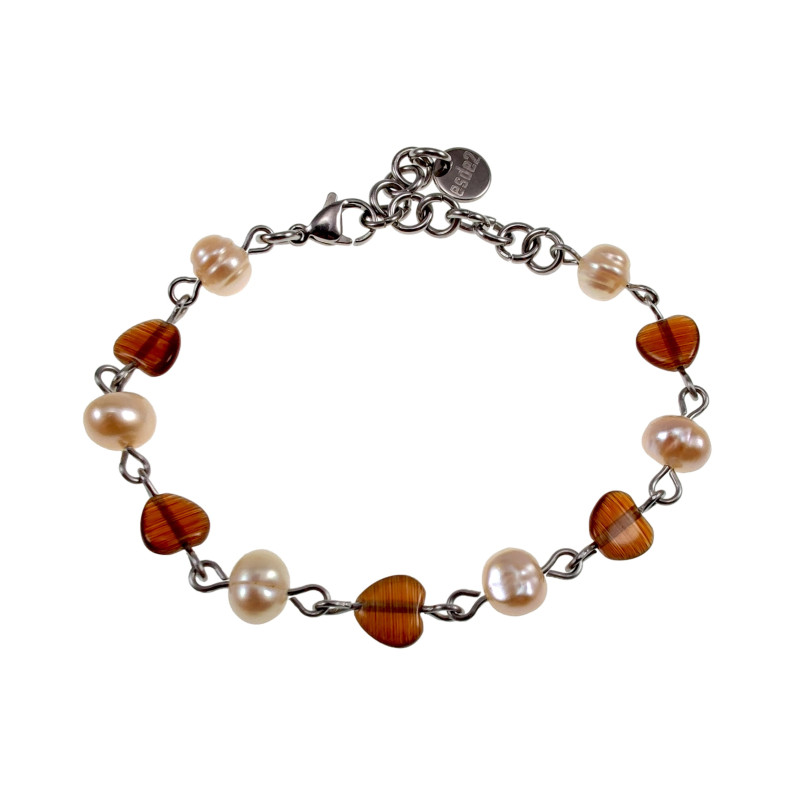 Dames RVS Armband met Zoetwaterparels - Bruine Opalen Kattenooghartjes
