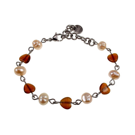 Dames RVS Armband met Zoetwaterparels - Bruine Opalen Kattenooghartjes