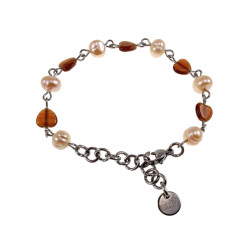 Dames RVS Armband met Zoetwaterparels - Bruine Opalen Kattenooghartjes