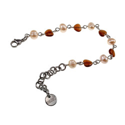 Dames RVS Armband met Zoetwaterparels - Bruine Opalen Kattenooghartjes