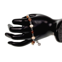 Dames RVS Armband met Zoetwaterparels - Bruine Opalen Kattenooghartjes