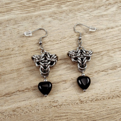 Dames Haakoorbellen met RVS Hart en Zwarte Agaat - Lengte 58 mm