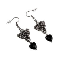 Dames Haakoorbellen met RVS Hart en Zwarte Agaat - Lengte 58 mm