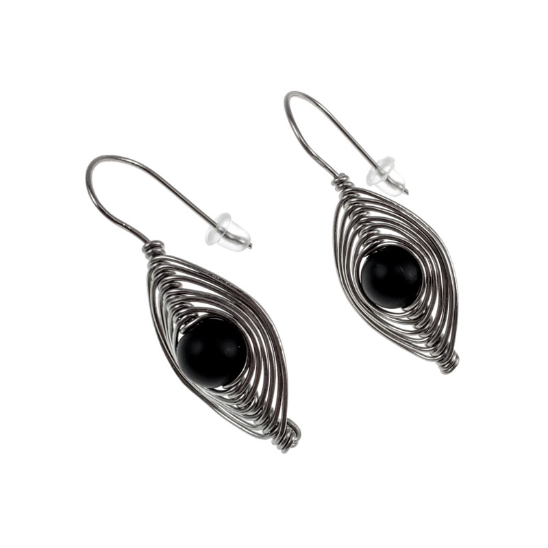 Dames Haakoorbellen met Matte Zwarte Onyx Lengte 41 mm - Handgemaakt