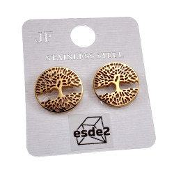 Oorbellen Dames - Verguld RVS - Levensboom Oorknopjes - ∅16mm