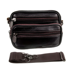 Mini Leren Tas met Vier Compartimenten - Donkerbruine Leren Riemtas