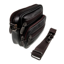 Mini Leren Tas met Vier Compartimenten - Donkerbruine Leren Riemtas