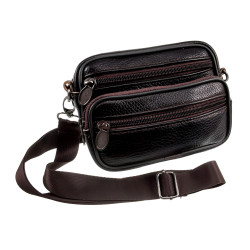 Mini Leren Tas met Vier Compartimenten - Donkerbruine Leren Riemtas