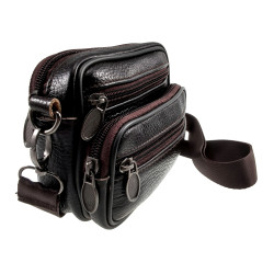 Mini Leren Tas met Vier Compartimenten - Donkerbruine Leren Riemtas