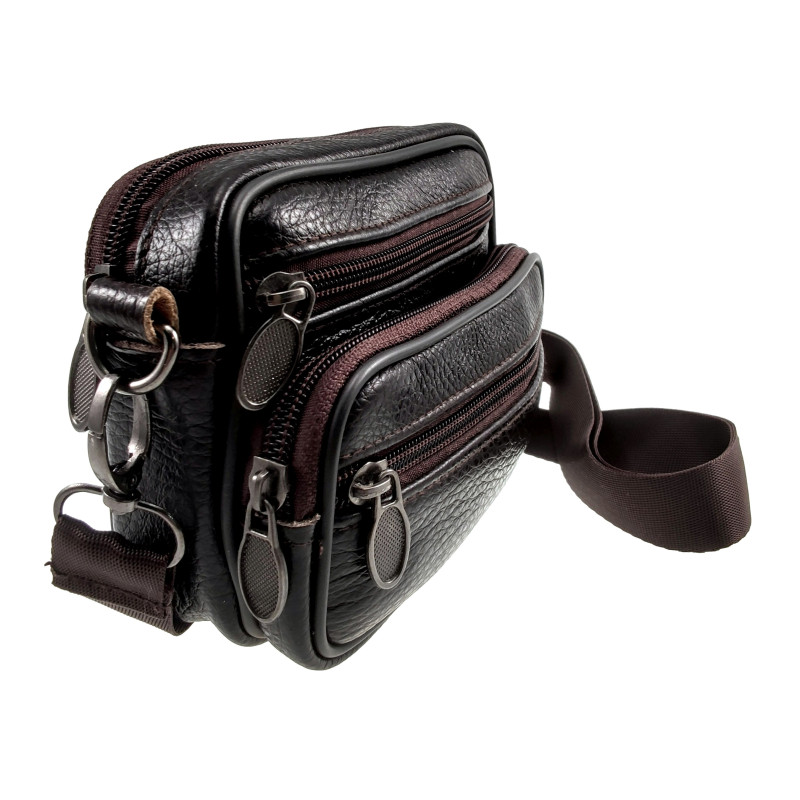 Mini Leren Tas met Vier Compartimenten - Donkerbruine Leren Riemtas