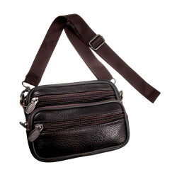 Mini Leren Tas met Vier Compartimenten - Donkerbruine Leren Riemtas