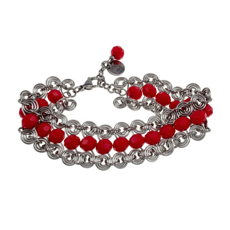 Dames RVS Brede Spiralen Armband met Rode Kristallen - 16 tot 19 cm