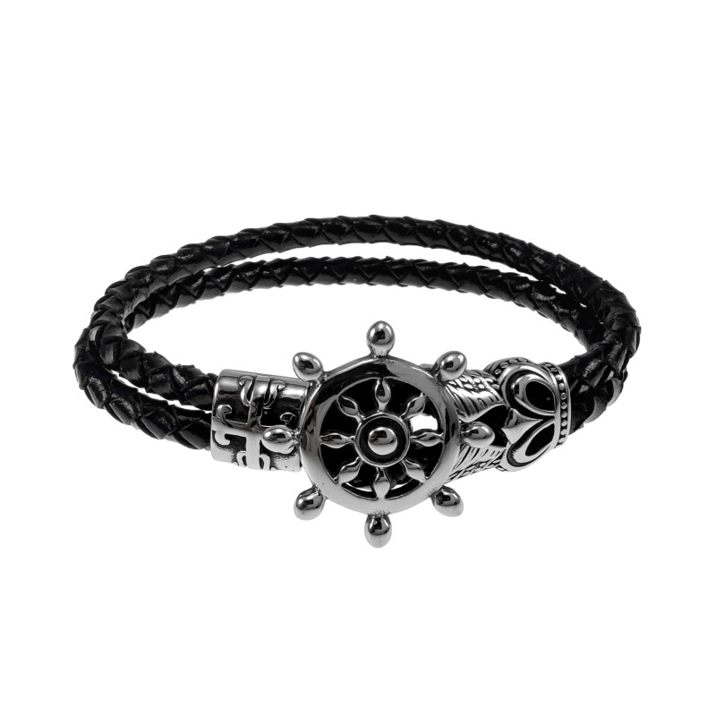 Nautische Armband van Gevlochten Echt Leer met RVS Stuurwiel Sluiting