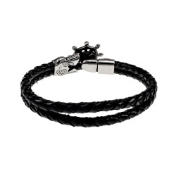 Nautische Armband van Gevlochten Echt Leer met RVS Stuurwiel Sluiting