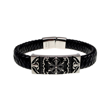 Heren Armband van Gevlochten Zwarte Leer met Tribale RVS Plaat