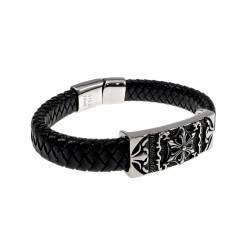 Heren Armband van Gevlochten Zwarte Leer met Tribale RVS Plaat