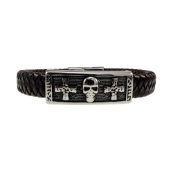 Armband van Donkerbruin Gevlochten Leer met RVS Plaat Kruisen - Skull