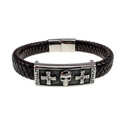 Armband van Donkerbruin Gevlochten Leer met RVS Plaat Kruisen - Skull