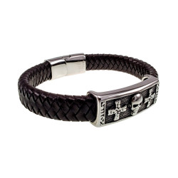 Armband van Donkerbruin Gevlochten Leer met RVS Plaat Kruisen - Skull