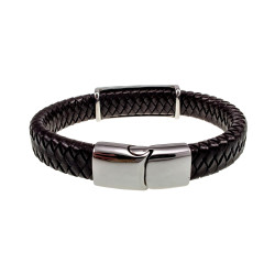 Armband van Donkerbruin Gevlochten Leer met RVS Plaat Kruisen - Skull