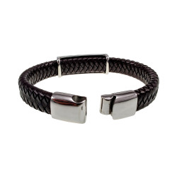Armband van Donkerbruin Gevlochten Leer met RVS Plaat Kruisen - Skull