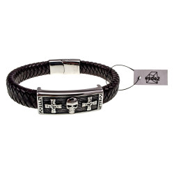 Armband van Donkerbruin Gevlochten Leer met RVS Plaat Kruisen - Skull