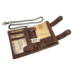 RFID Portemonnee met Ketting Heren - Verticaal Donkerbruin Buffelleder
