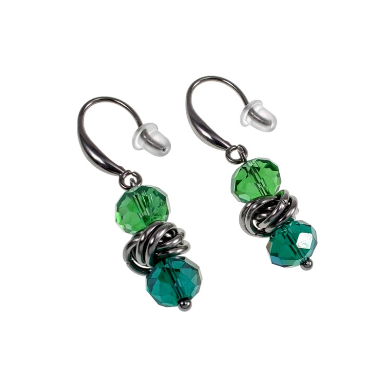 RVS Haakoorbellen met Groene Kristallen - Lengte 38 mm - Handgemaakt
