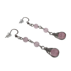 Haakoorbellen met Roze Kattenoog Stenen - Lengte 60 mm - Handgemaakt