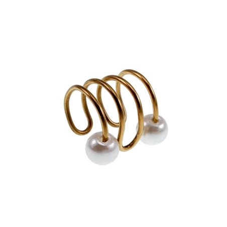 Ear Cuff Oorbel met Witte Glasparels 4-Rijgen Goudkleurige RVS 10x10mm