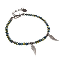 RVS Armband met Groen, Blauwe en Goudkleur Kristallen en Engelenvleugel