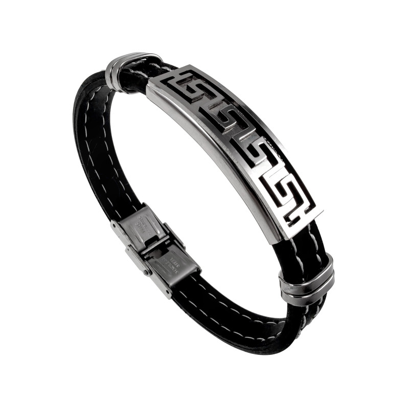 Heren Rubber Armband met Griekse Plaat van RVS - Polslengte 17-18 cm